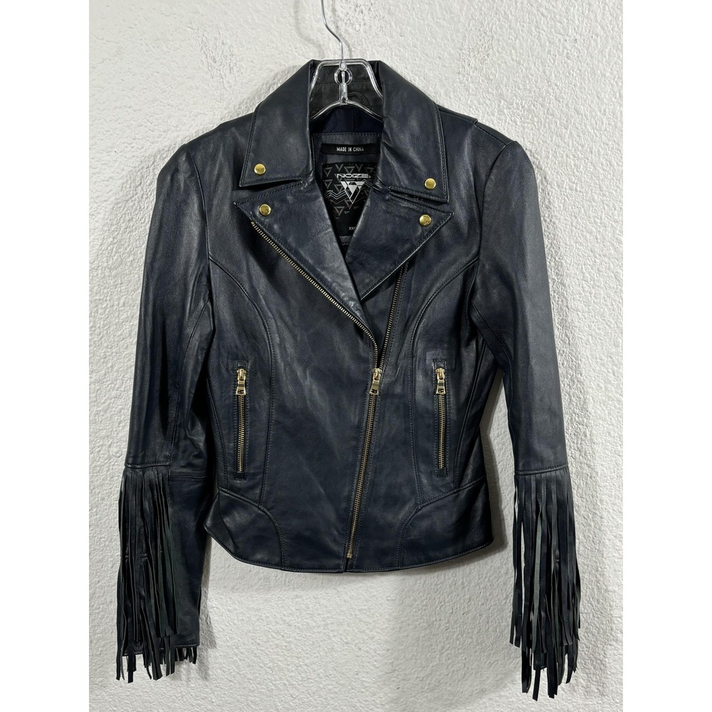 Noize Jacket Womens XXS Navy Blue Leather Moto Fringe‎ Motorcycle